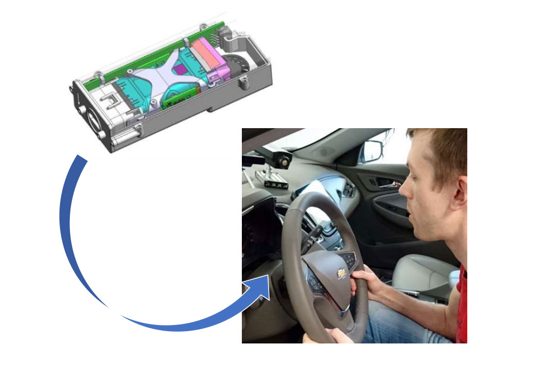 Man sitter i en bil, en prototyp bredvid som hjälper till med trafiksäkerheten.
